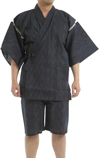 Edoten Men's Japan Kimono Jimbei SIJIRAORI 100% Cotton, XL, Black, EJ703