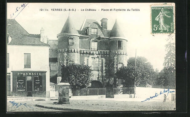CPA Yerres, Le Chateau-Place et Fontaine du Taillis 1908