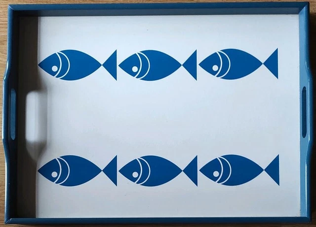 Bandeja - bandeja para servir - motivo de pescado - madera - azul-blanco