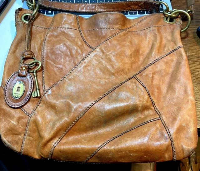 Fossil Leather Medium Crossbody Brown Messenger Bag Purse Patchwork Snap Closure