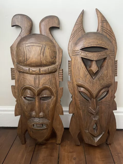 Pair Of Vintage African Hand Carved Wooden Masks Wall Hanging Height 24” Tribal