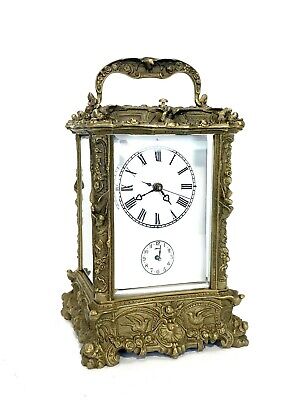 French Style Art Nouveau Brass Case Porcelain Dial 8 Day Repeater Carriage Clock