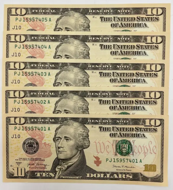 NEW Uncirculated TEN Dollar Bills, SERIES 2017A, $10 Sequential Notes, Lot of 5