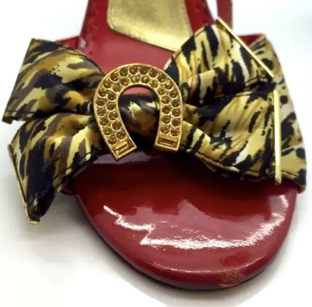 BETSEY JOHNSON Red Leather Animal Print & Gold Lucky Horseshoe Bow Sz 6.5M Italy