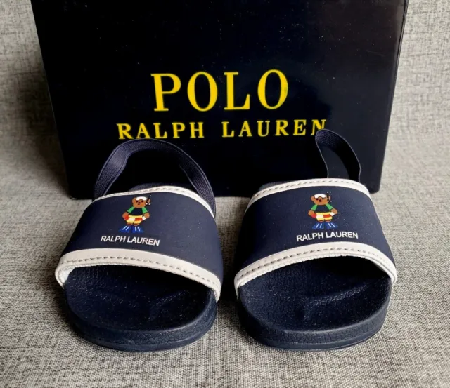 NWT POLO Ralph Lauren CHADWICK TODDLER SLIDES Swim Bear Sandals NAVY  Boys 5-10