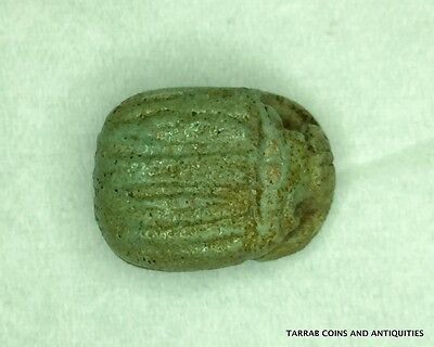 Ancient Egyptian Late Period Green Faience Button Scarab 664-535 B.c. Nice Piece 3