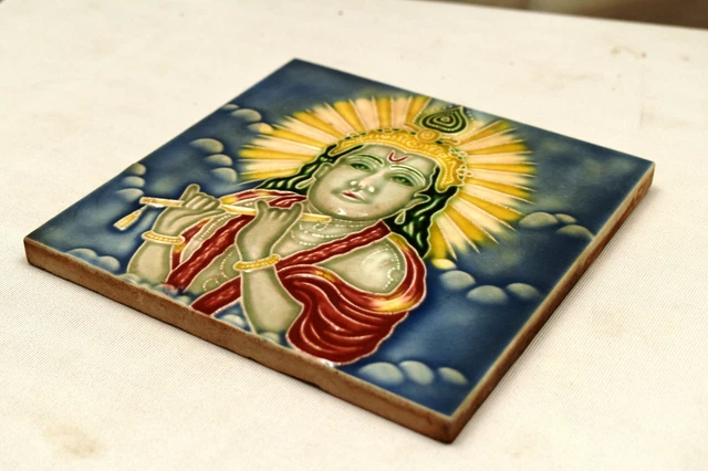 Antique Tile Art Nouveau Majolica Japan Lord Krishna Playing The Flute Porcel"J6 3