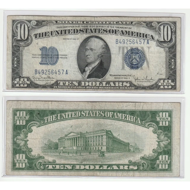 Rare 1934 $10 Ten Dollar United States Silver Certificate Blue Seal Bill