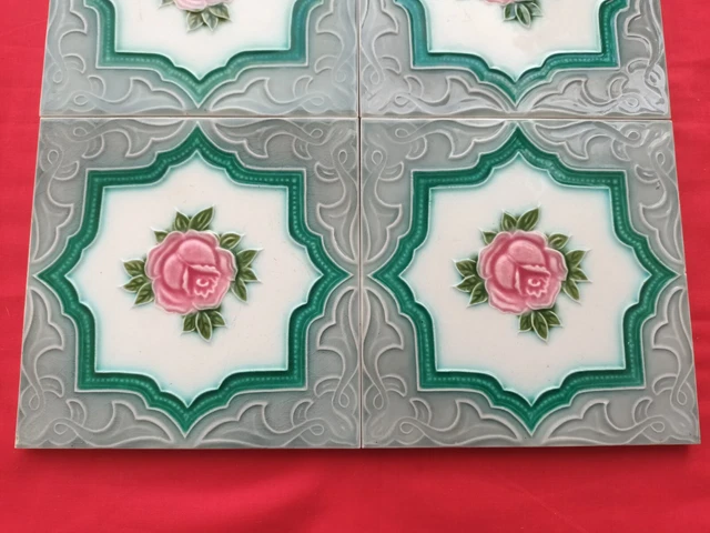 4 Piece Old Art Floral Embossed Design Majolica Ceramic Tiles Japan 0272 3
