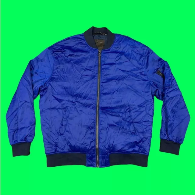 ZARA MAN Padded Long Line Bomber Jacket, Zip Up, Blue, 2XL