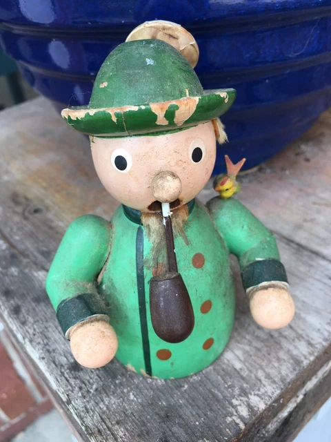 Vintage Figurine Man Smoking Tobacco Pipe Wood Metal Decor Chippy Paint Patina