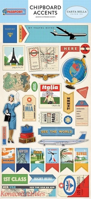 "Tarjeta Echo Park Bella Passport aglomerado acento 6""X12" etiquetas, mapas de viaje