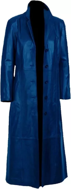 Men's Blue Leather Long Coat 100% Genuine Leather Trench Coat Full Length Coat