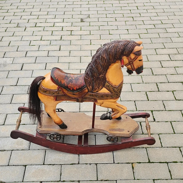 JOUET ANCIEN CHEVAL en Bois polychrome à Bascule & Roulettes Fin XIXe début XXe