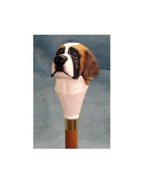 Hand Carved Bernard Dog Handle Wooden Walking Stick Handmade Walking Cane Gift
