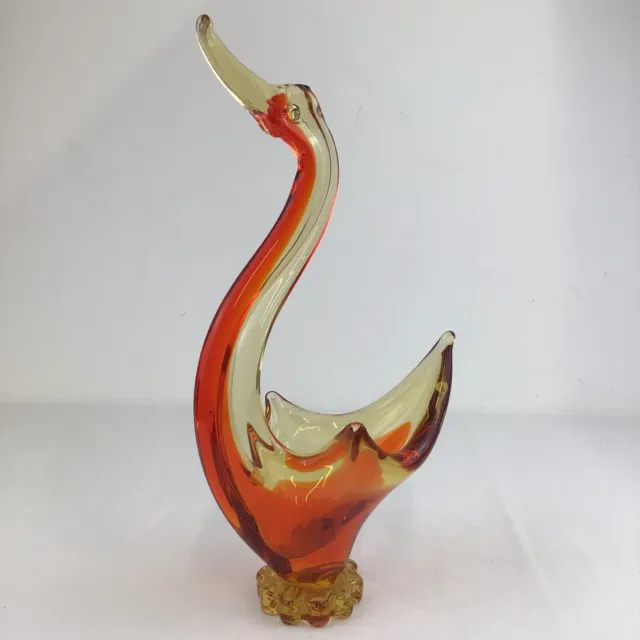Glass Swan Figurine Murano Style Orange Yellow Clear Tall 30cm Bird Duck Neck