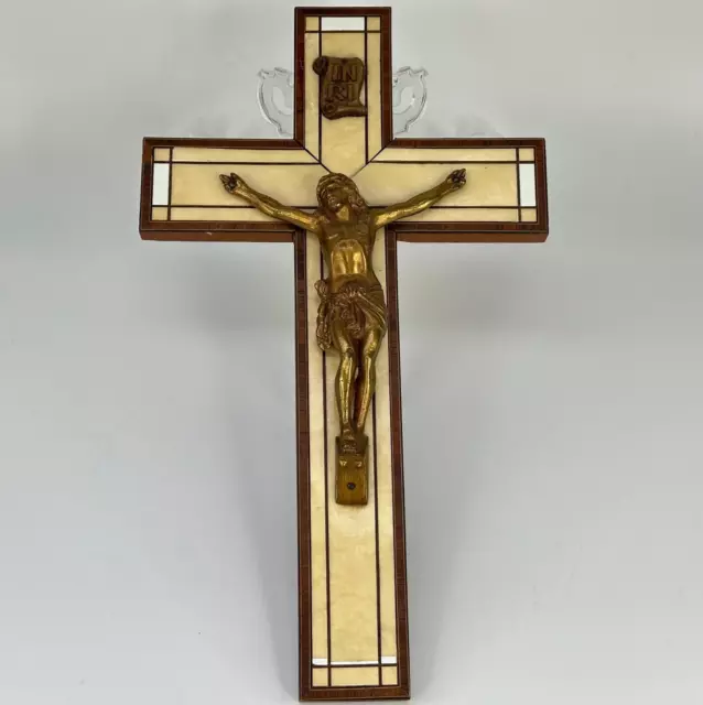 Vintage French Wooden Cross With White Faux Marble & Gold Colour Metal Jesus