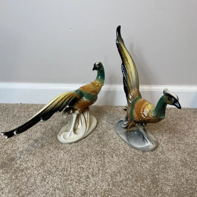 Vintage MCM Royal Copley Spaulding Ring Neck Pheasants Ceramic Figurines Large