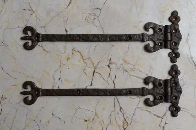 Vintage iron handmade french gate door Furniture hinges pair barn rusty 29.6 OZ