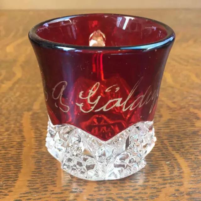 Antique 1901 JANE GOLDUP Ruby Red Flash Glass Souvenir Mug Cup toothpick Holder