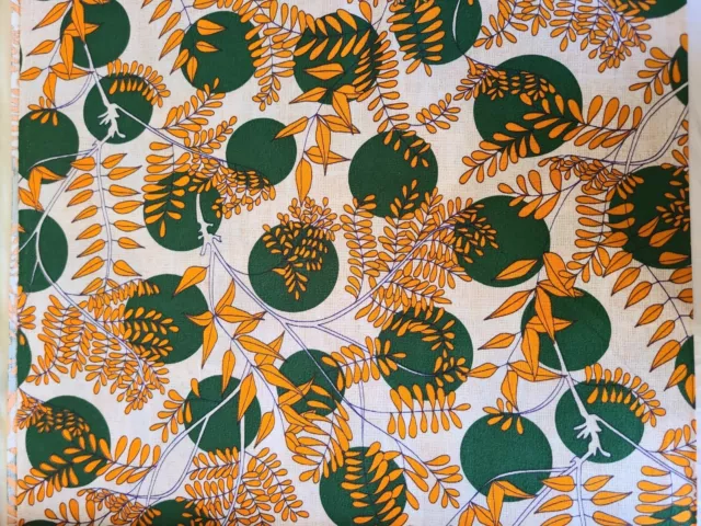 Vintage 60s-70s Cotton Fabric Orange & Green Fern-Trees Print 36"w 24'. 8 yards