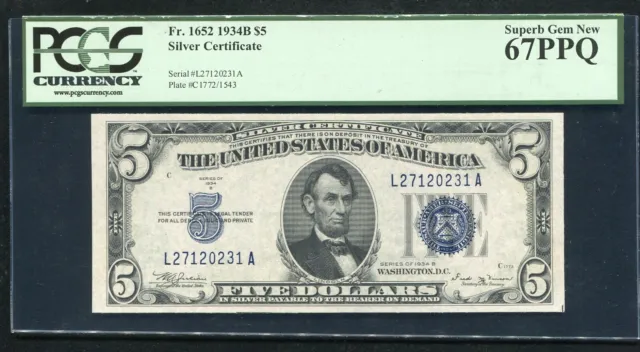 Fr. 1652 1934-B $5 Five Dollars Blue Seal Silver Certificate Pcgs Gem Unc-67Ppq