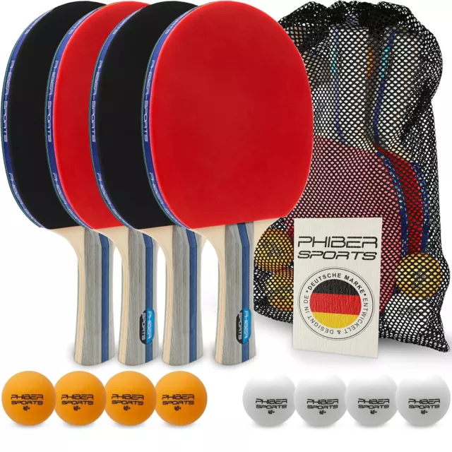 PHIBER-SPORTS Tischtennis Set mit 4 Tischtennisschläger + 8 Tischtennisbälle + P