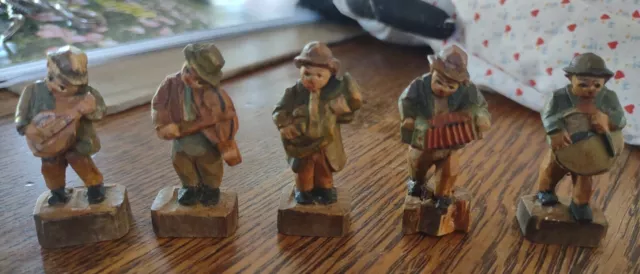 vintage Miniature Musicians Hand Carved Stained Wood Figurines Italy Lot of 5