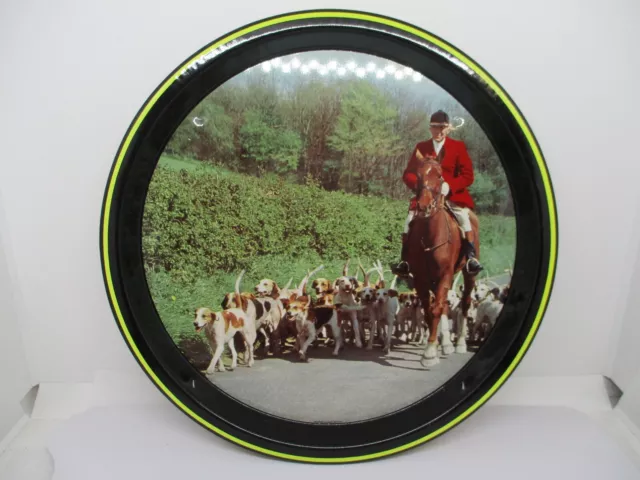 Ancien Plateau Tole Decor Chasse A Courre Meute De Chiens Cheval Diam. 25 Cm !!