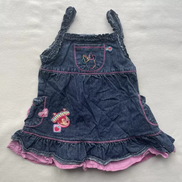Baby Girls Dark Blue And Pink Denim Minnie Mouse Sleeveless Dress Age 6-9 Months