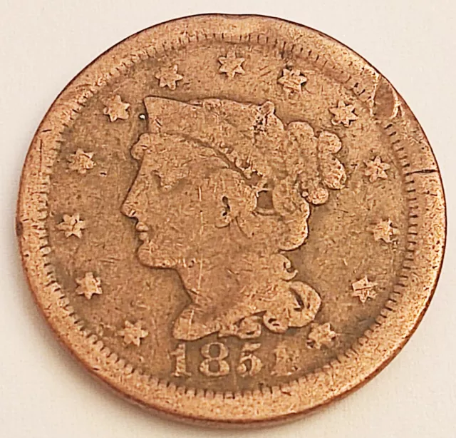 1851 Braided Hair Large One Cent 1c USA - Bright Condition!!    {FREEPOST}