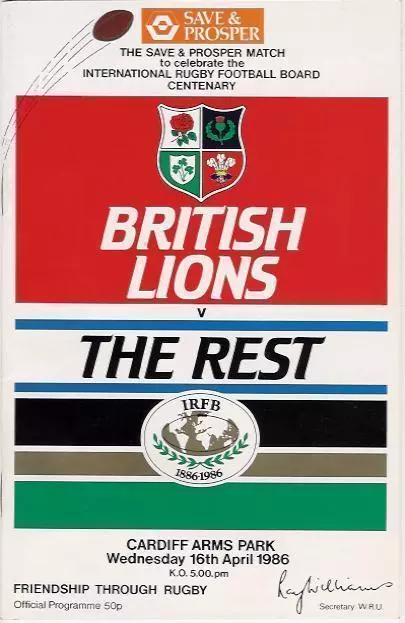 BRITISH LIONS v THE REST OF THE WORLD 1986 RUGBY PROGRAMME,