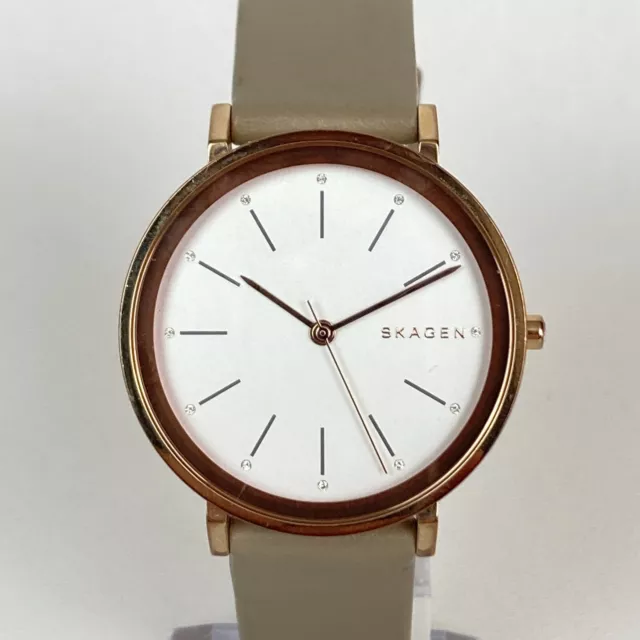 Skagen Watch Women Rose Gold Tone Leather Band Round New Battery 8" 34mm