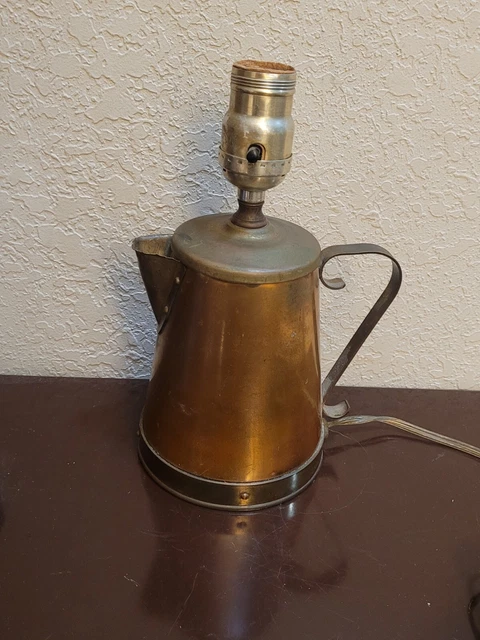 VTg Folk Art Farm House  Copper Brass Coffee Pot Kettle Shaped Teapot Table Lamp