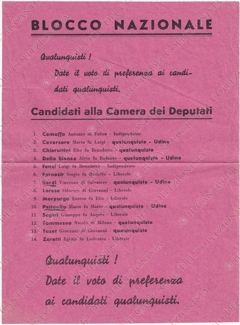 Blocco Nazionale Candidati alla Camera dei Deputati Politica Propganda