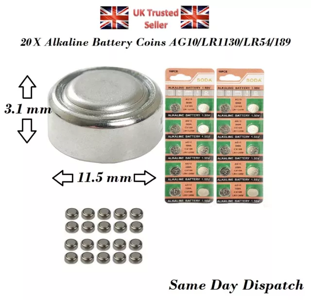 20 X pcs AG10 GP189 SR54 LR1130 L1131 1.5V Alkaline Button Cell Battery soda UK 3