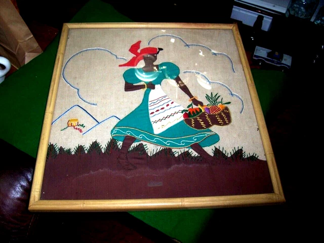 Vintage 16" X 17 1/4" Hand Stitched On Silk Figure Of Black Woman Carrying Baske Vintage 16" X 17 1/4" Hand Stitched On Silk Figure Of Black Woman Carrying Baske