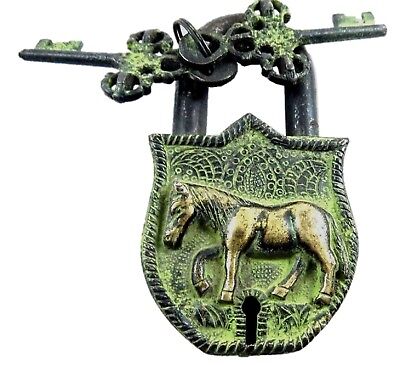 Horse Shape Vintage Antique Style Handmade Solid Brass Padlock with Unique Keys