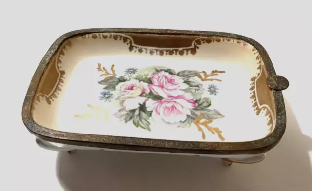 French Porcelaine Hand Painted roses Bronze harrows Ashtray porcelain France