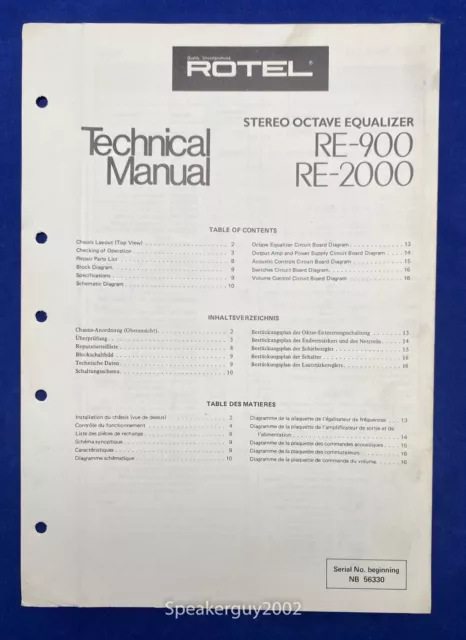 Original Rotel RE-900 RE-2000 Stereo Graphic Equalizer Technical Manual