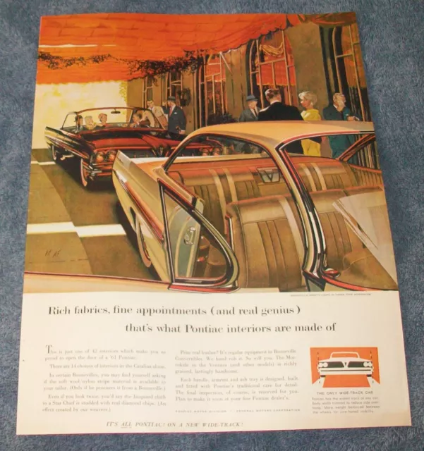 1961 Pontiac Bonneville Sport Coupé Hardtop Vista Vintage Ad "Rich Fabrics..."