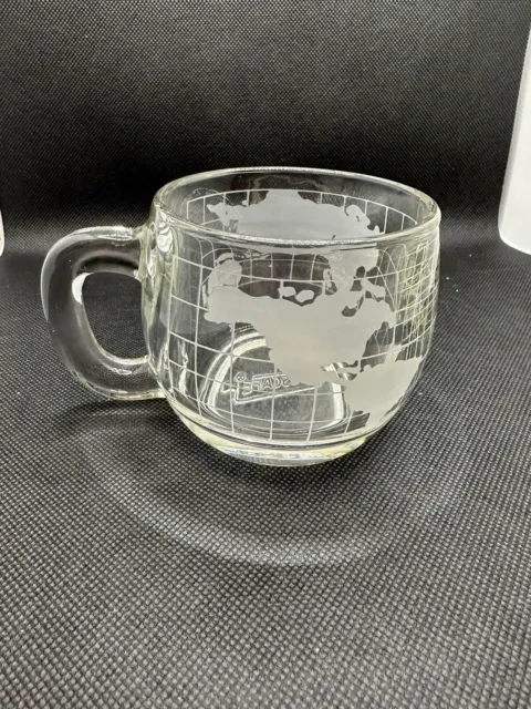 Nestle Nescafe Etched Clear Glass World Globe Coffee Cup  Excellent Condition