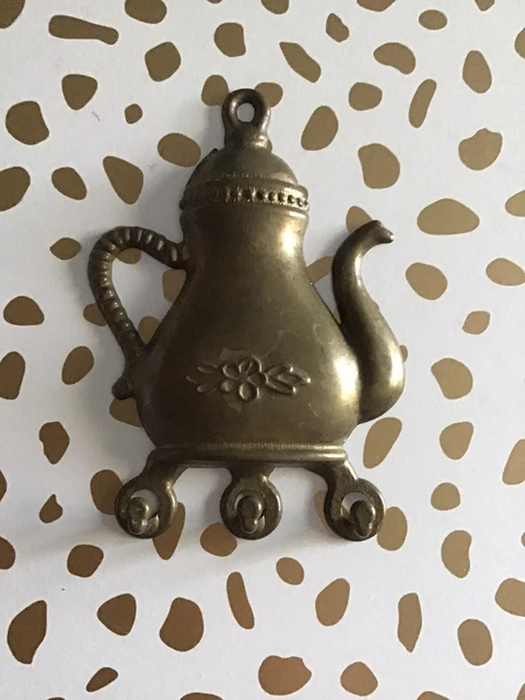 Brass Teapot Wall Hook Kettle Metal Mount Decorative Ornate Hanger 3" Vintage