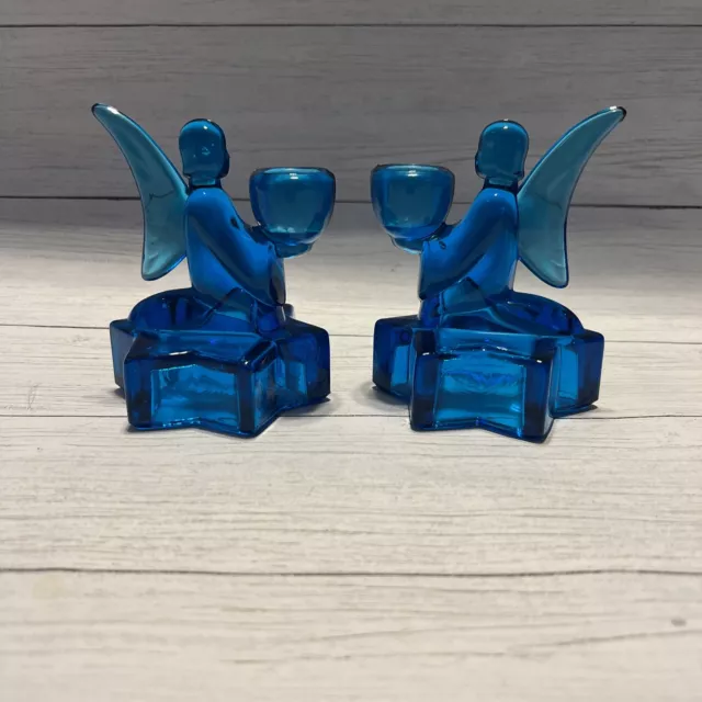 L.E. Smith Blue Angel Taper Candlestick Holder  Pair Art Glass Christmas VTG