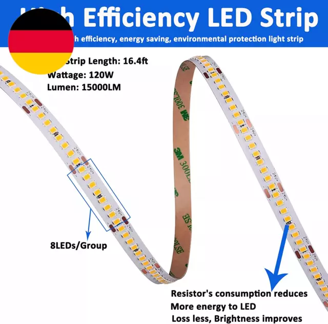 JOYLIT 15000LM Extrem Hell 24V LED Strip 5M 3000K Warmweiß 120W, UL CE Profi Hoh 3