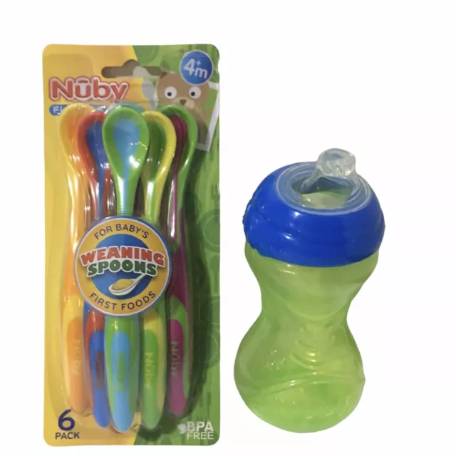 Nuby First Solids Weaning Spoons 6 Pack & Nuby No Spill Drinking Cup Never Used