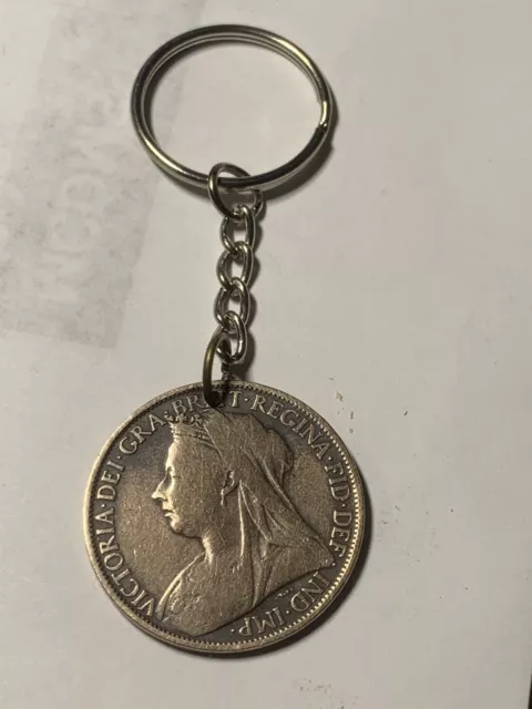 1899 UK 1 Penny Coin Keychain Queen Victoria Antique Circulated Polished Coin