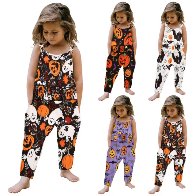 Toddler Baby Girls Halloween Pumpkin Printed Ruffles Suspender Romper Jumpsuit