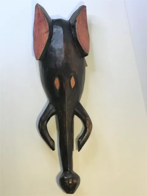 African Tribal  Elephant Mask Wood Hand Carved Wall Hanging Ghana  19" Long