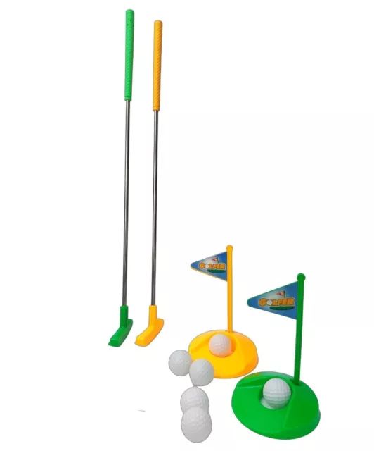 Mini Golf Set | 10-teilig gelb/grün | 2 Schläger, 6 Bälle und 2 Löcher mit Fahne